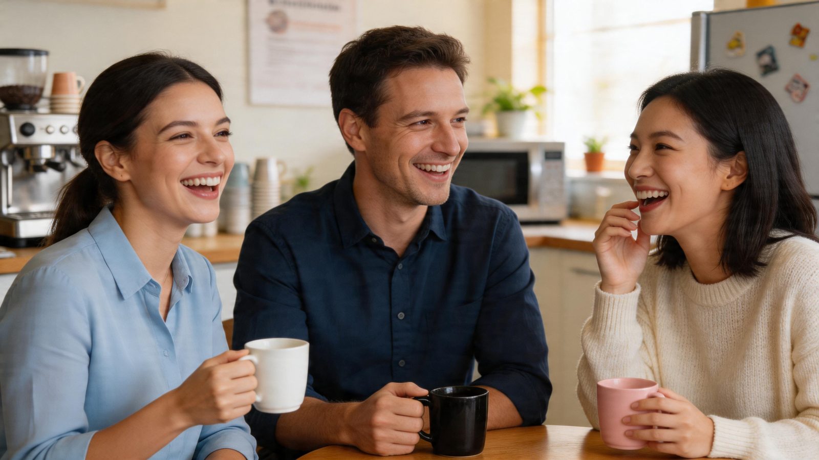 Diverse colleagues laughing together over coffee in a bright office