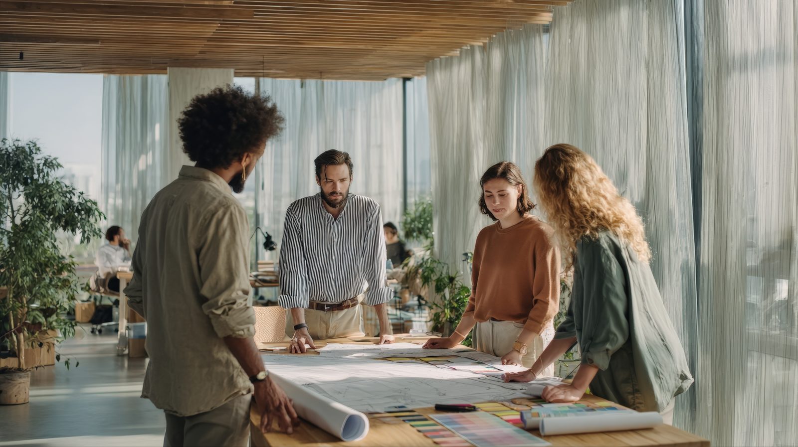 A diverse team collaborating in a bright, modern office