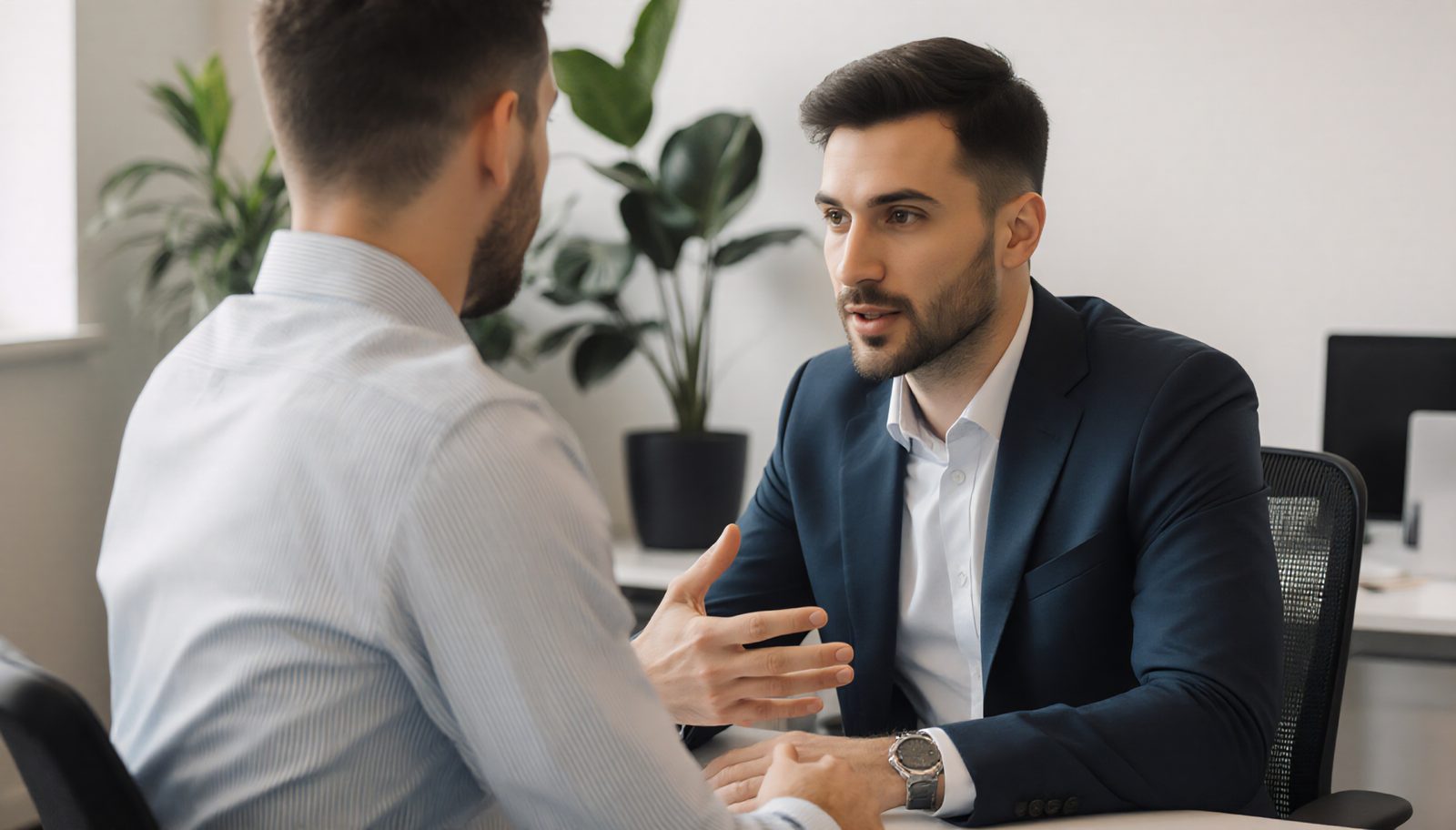 Two professionals in a focused one-on-one conversation