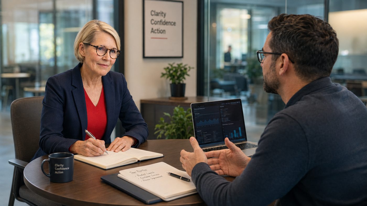 Kirstin coaching a leader one-on-one across a table