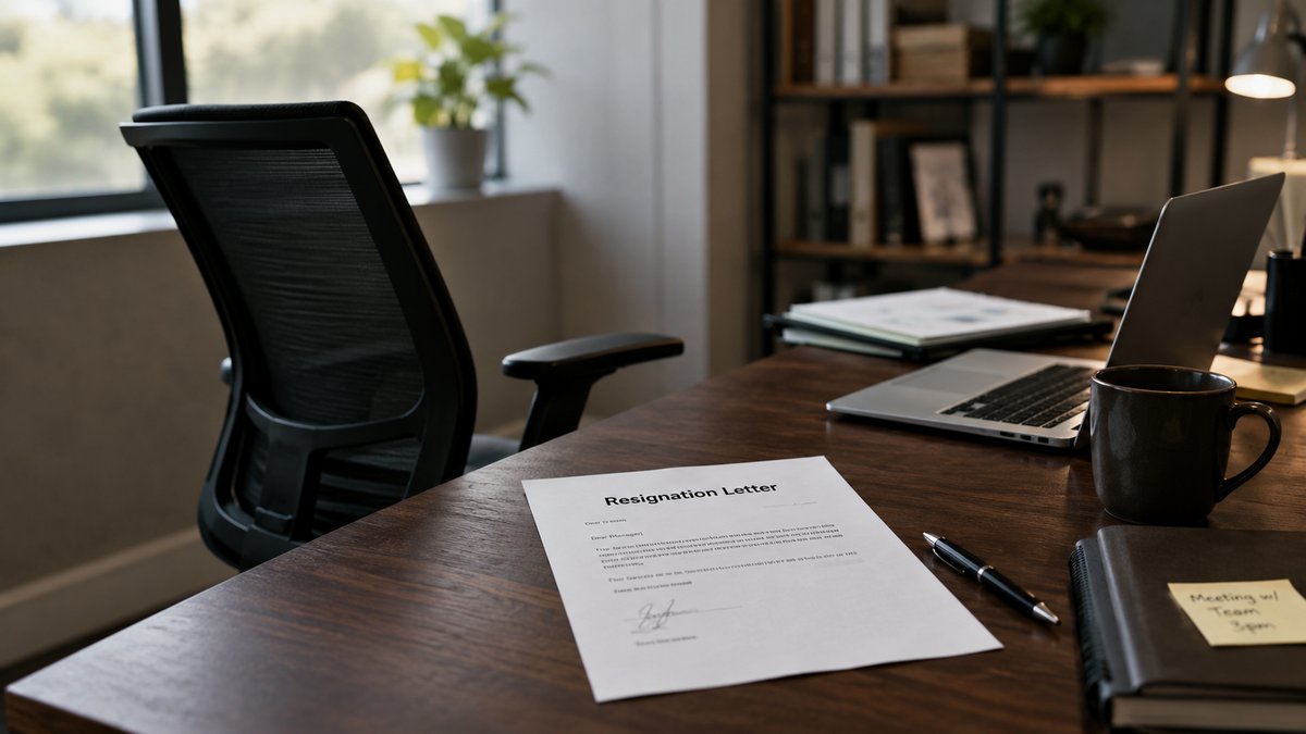 An empty desk chair beside a signed resignation letter left on a desk