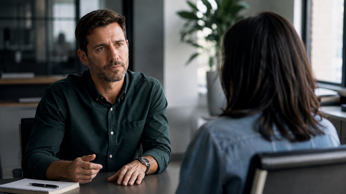 A manager leaning in during a candid one-on-one conversation across a table