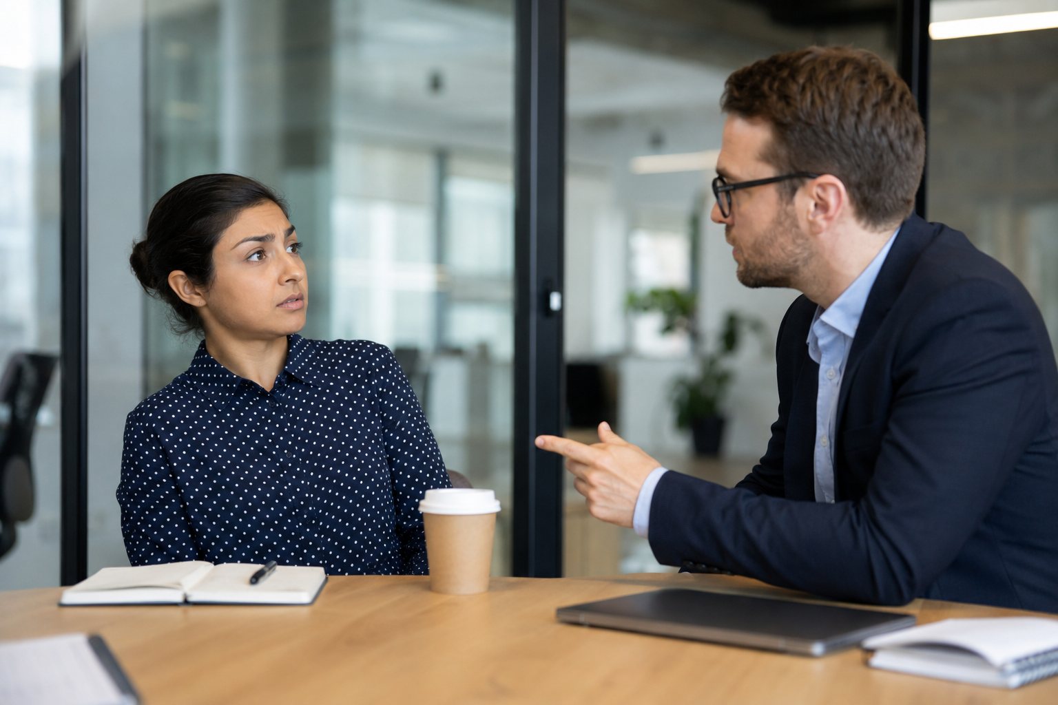 A colleague pointing while making a pointed remark to a coworker