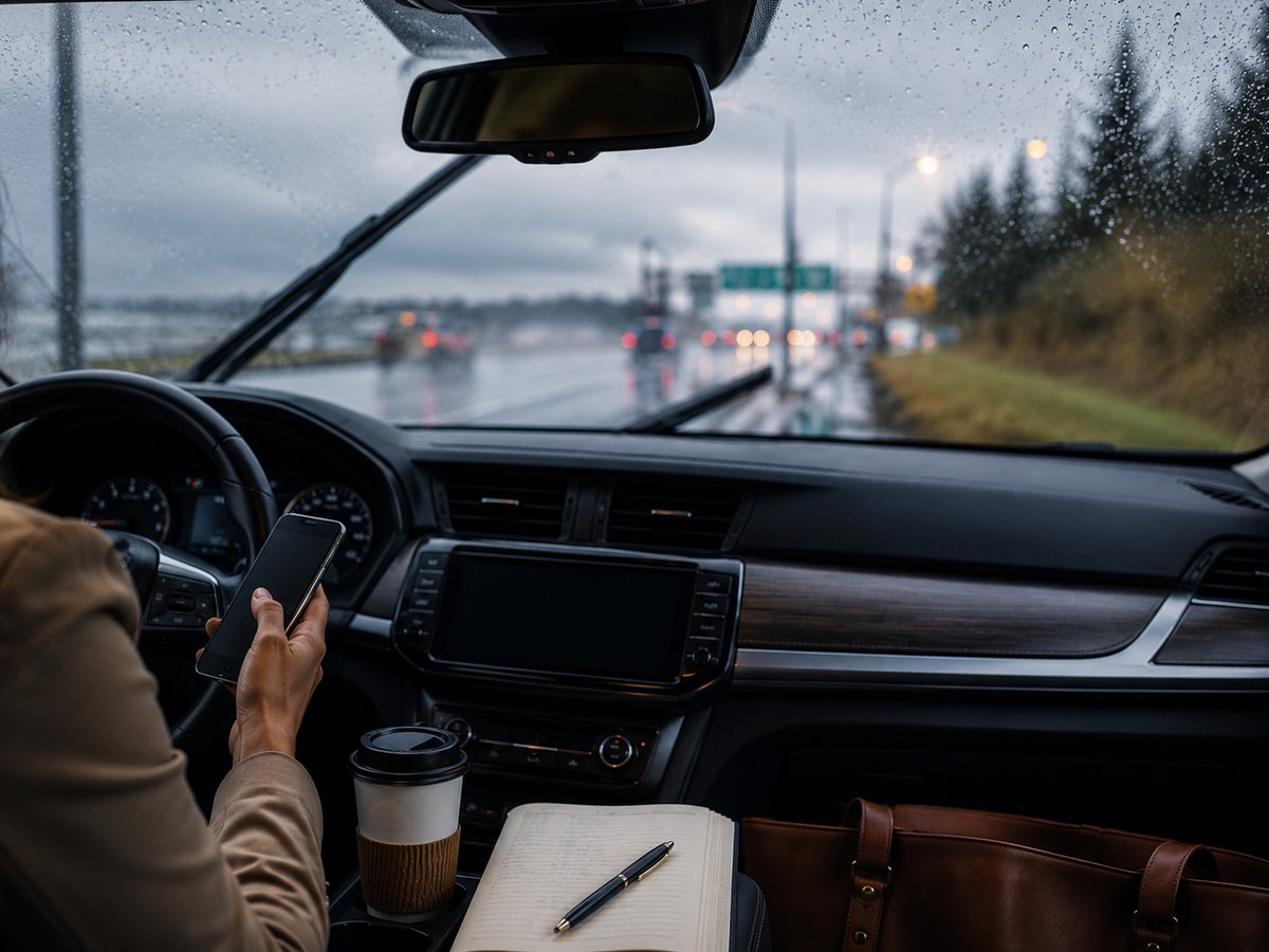 The view through a rain-streaked windshield from a car pulled over on a highway shoulder, phone in hand